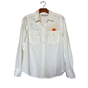 BILLY T Womens White Embroidered Sun Star Long Sleeve Button Up Shirt XS
